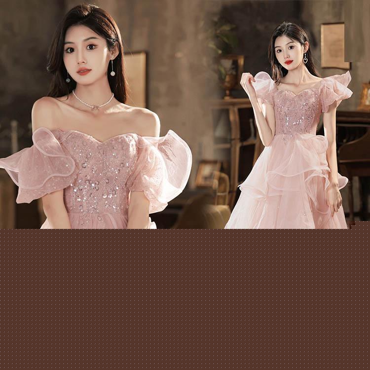 パーティードレス 結婚式ドレス 二次会ドレス ピンク 可愛い ロングドレス オフショルダー キラキラ スパンコール 発表会ドレス 成人式ドレス ロング Aライン