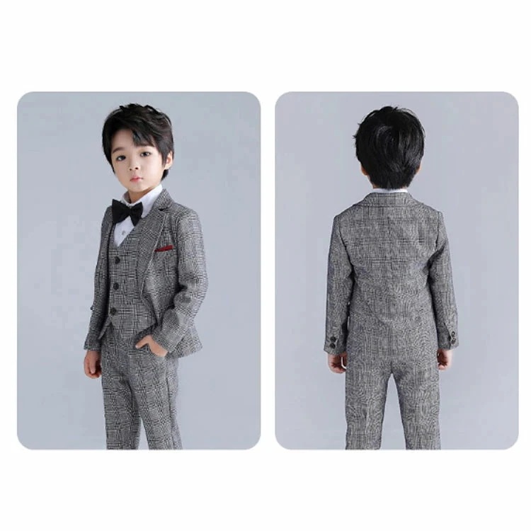 5点セット キッズ 男の子 結婚式 スーツ フォーマルスーツ チェック柄 子ども フォーマル グレー スーツセット 大きいサイズ ネクタイ付き ロングパンツ フォーマルスーツ 子供 スーツ セレモニー