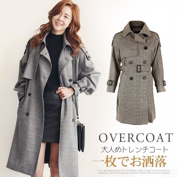 トレンチコート レディース 40代 チェック柄 ロング丈 ジャケット ロングコート 秋アウター 羽織り 大きいサイズ 体型カバー 着痩せ 通勤 オフィス OL 20代 30代