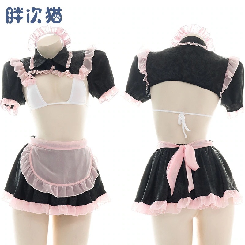 半透明ブラックスイートメイドスーツセクシーシフォン透けナイトガウンホーム服ダーク柄パジャマ期間限定30%