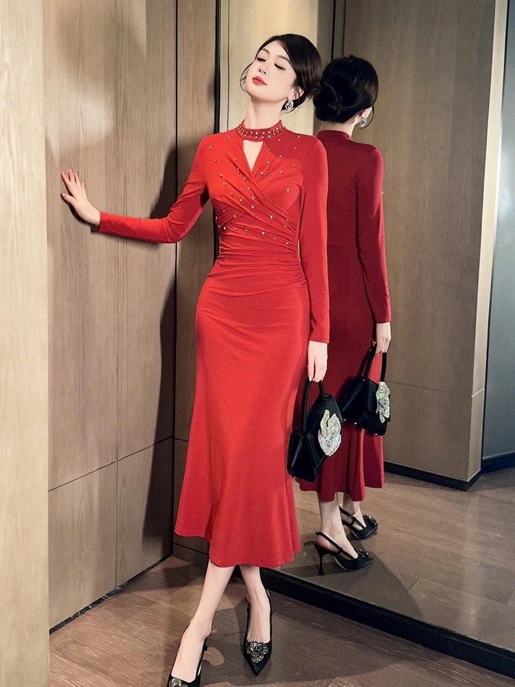 ピーズ キャバ ロングワンピース 披露宴 オレンジ 2026秋新品 二次会 卒業式 同窓会 マーメイド ウェディング 新年 演奏会 大人 パーティー ドレス 結婚式