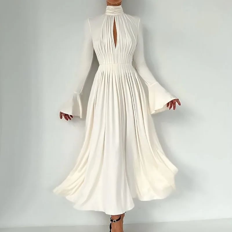 女性のカジュアルなプリーツドレス,エレガントなタートルネック,透かし彫りのイブニングドレス,フレアスリーブ,ハイウエスト,ロング,秋