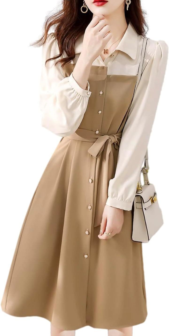 アシンメトリー ワンピース ウエストリボン 前開き 膝丈 長袖 レディース( ベージュ, L)