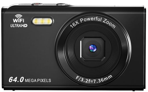 YULINJIA デジカメ4K スマホに送れる デジタルカメラ WIFI転送機能 6400万画素 64GBマイクロSDカード付き オートフォーカス機能 16倍デジタルズーム LEDライト ウェブカメラ