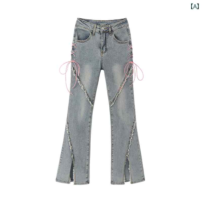 デニムパンツ レディース ジーンズ アメリカン スリット フレア 秋冬 ストラップ ハイウエスト スリム ストレート ブルー