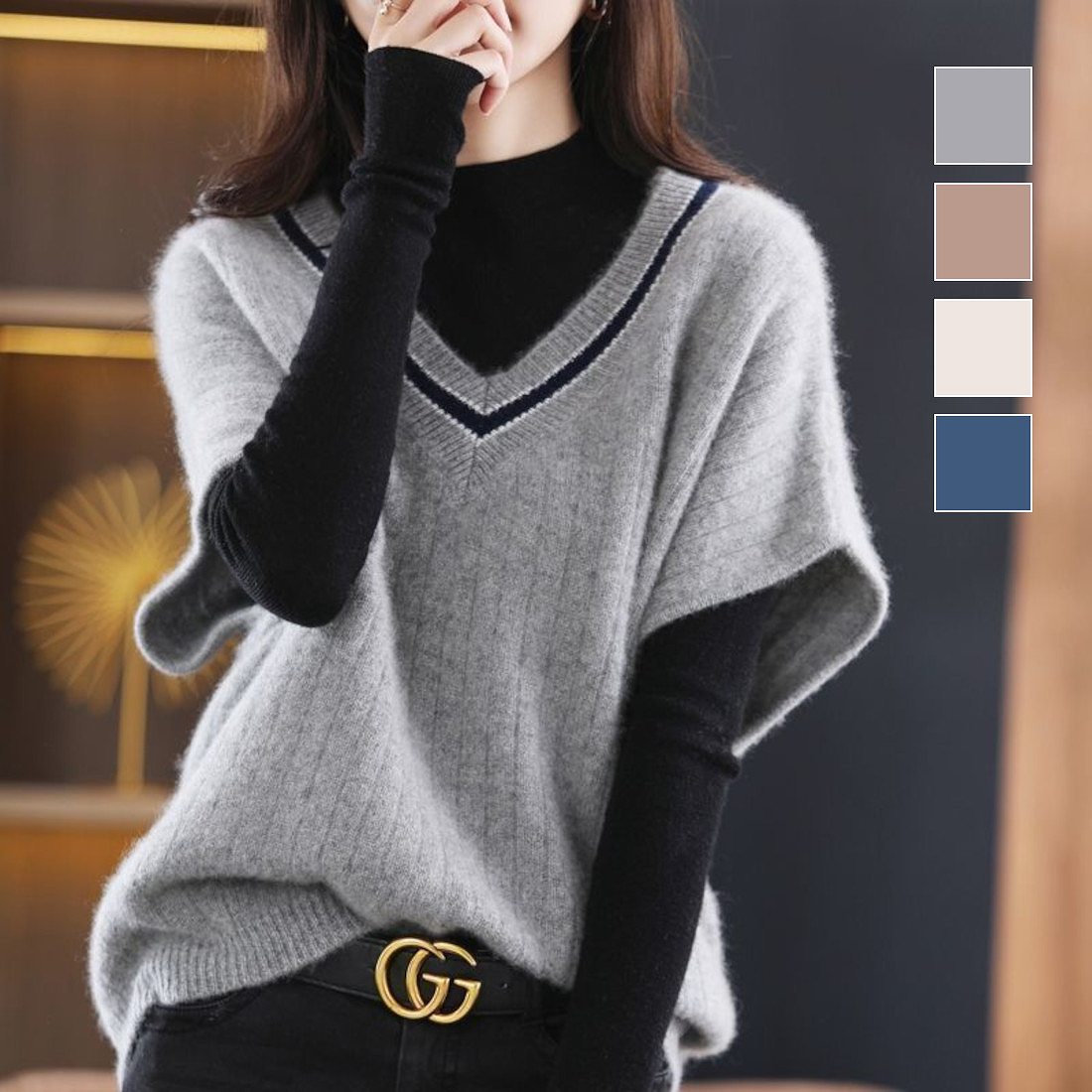 旬なレイヤードコーデが完成するVネック半袖ニットベスト　秋冬　重ね着　ポンチョ　セーター　　着回し　ラインデザイン　可愛い