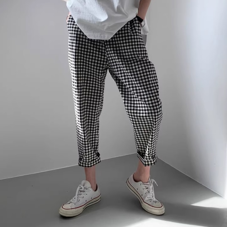 男女兼用 ユニセックス パンツ カジュアルパンツ 9分丈 リネン 綿 ウエストゴム シンプル カジュアル おしゃれ かっこいい レトロ ラフ メンズライク ボーイッシュ ルーズ ナチュラル チェック