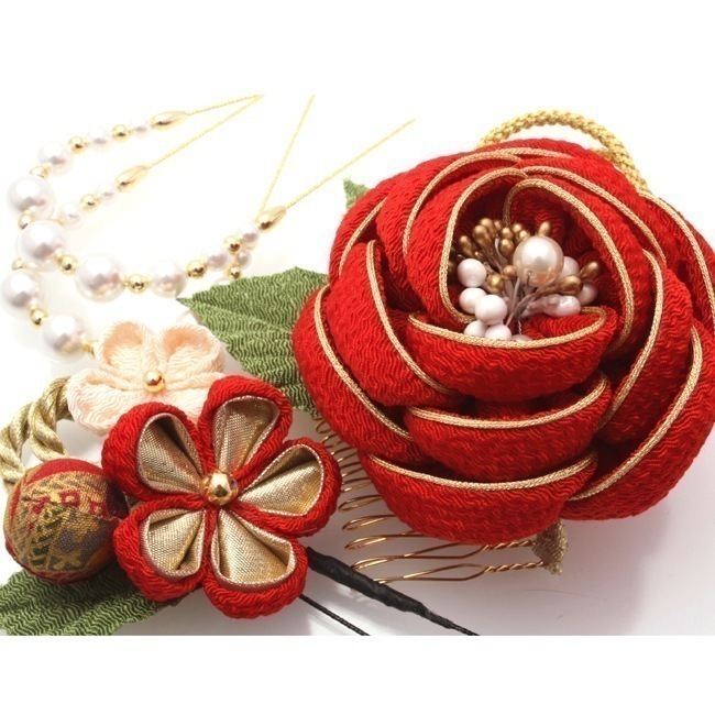 髪飾り W10- 成人式 卒業式 椿 赤 和装 和柄 コーム パール Uピン 4点セット 日本製