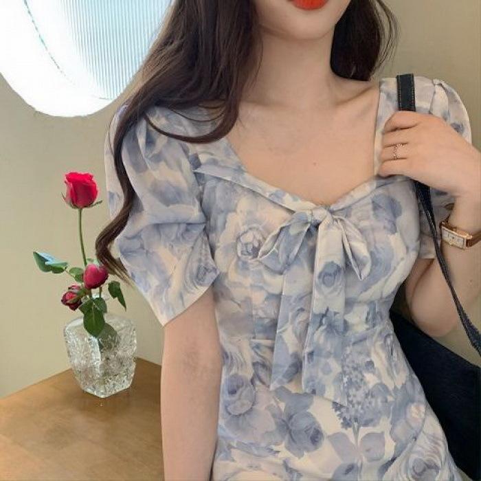 ワンピース レディース 膝丈ワンピース 春夏新作 半袖ワンピース パフスリーブワンピース 花柄スカート オシャレ韓国風 大人 結婚式ドレス お出かけ 30代