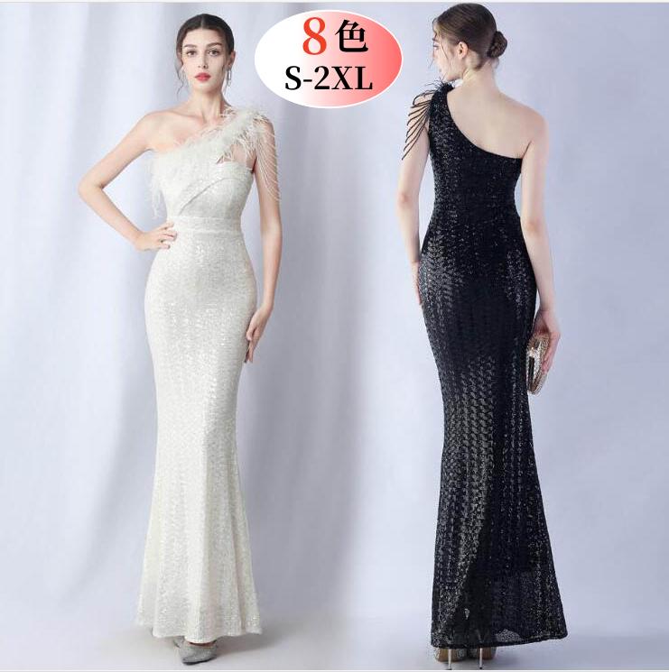 【急速出荷!】ワンショルダー ファー付き ワンピース ドレス 披露宴 二次会 キャバドレス スパンコール ロングドレス タイトワンピース 無地 イブニングドレス お花嫁 パーティードレス 上品 女性