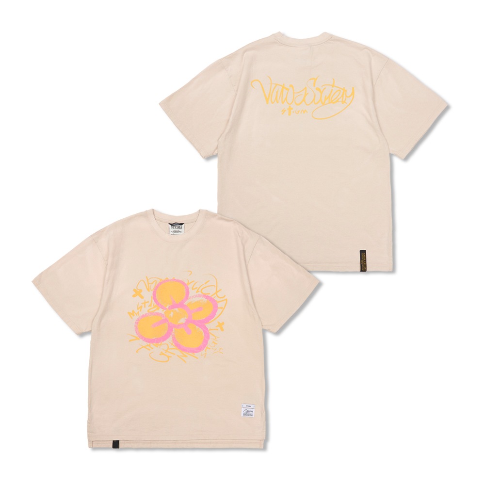 Crayon Flower Vintage-Like Washed Oversized Short Sleeves T-Shirts Beige