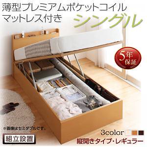 [組立設置料込み]国産 跳ね上げ収納ベッド [Freeda]フリーダ [薄型プレミアムポケットコイルマットレス付き] 縦開き シングル 深さレギュラー [フレーム色]ホワイト