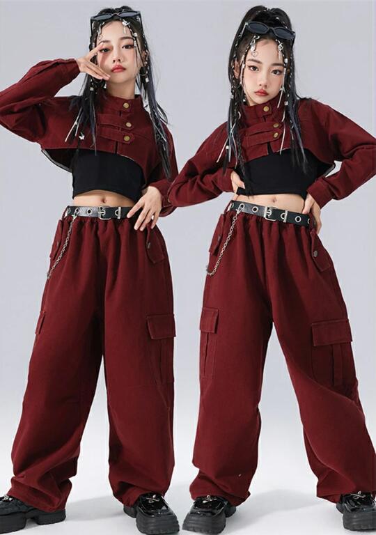【激安販売】大好評 高品質新入ダンス衣装 キッズセットアップ 赤 デニム トップス へそ出し タンクトップ ショート丈 ジャケット ズボン カーゴパンツ デニム ジーンズ ヒップホップ 子供 ダンス