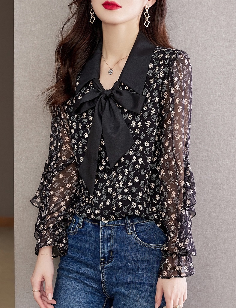 春 エレガント 上品 ルーズ シフォン 黒 シャツ メッシュ長袖 シック 美しい 韓国 レディース トップ ブラック M L XL XXL トップス 袖あり かわいい 大人可愛い きれいめ シンプル