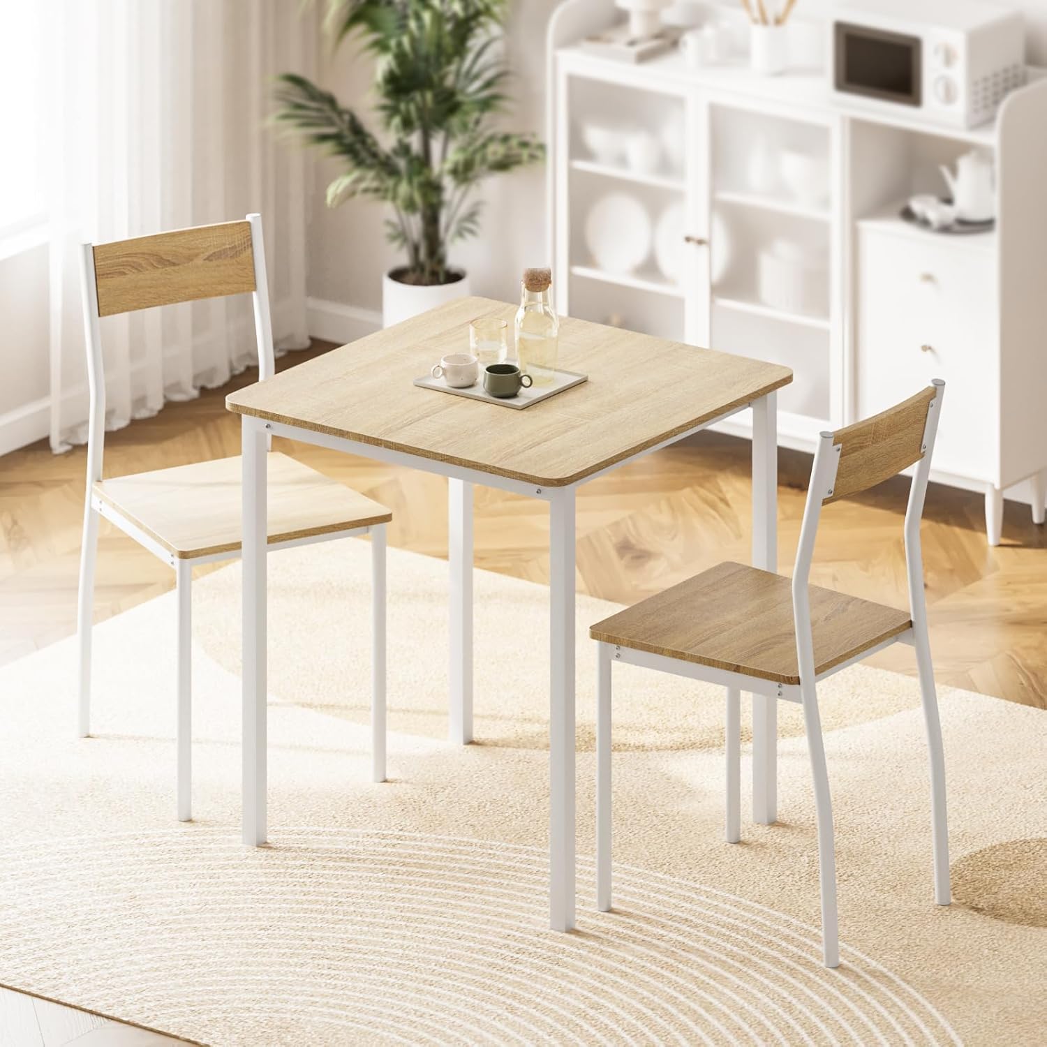 ダイニングテーブル 2人用 テーブルセット 机椅子セット 一人暮らし 幅70cm 広々木製天板 スチール脚 3点セット 食卓 リビング用 ナチュラル×ホワイト