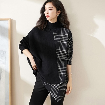 トップス ニットソー プルオーバー ミドル丈 長袖 レギュラー袖 バットスリーブ ハイカラー ストレート ニット ウール きれいめ カジュアル 上品 お洒落 大人 個性的 クール 柄 チェック柄 5,443円