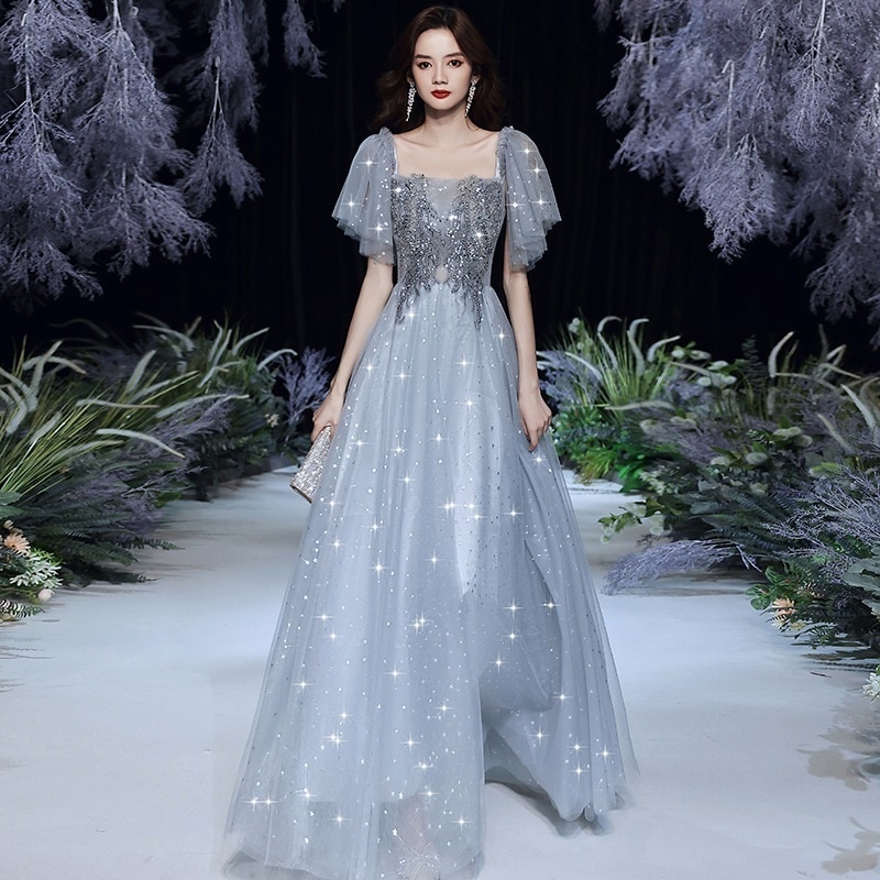 【2枚購入で 3oo円OFF！】女性用ドレス 2025 宴会 スクエアネック ロング ホストドレス ライトブルー ブライズメイドドレス 小さめ 痩身