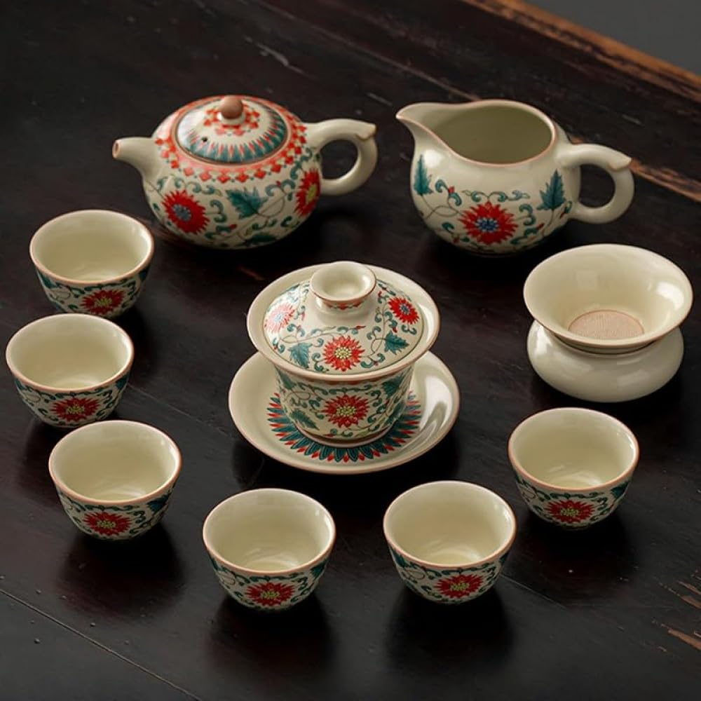 Farigrut中国茶器セットクラシックな磁器陶器ティーポット+ティーカップ+ティーボウルの組み合わせ茶こしが内蔵されており デザインゲストや自宅での使用に適しており茶道のデモンストレーショ