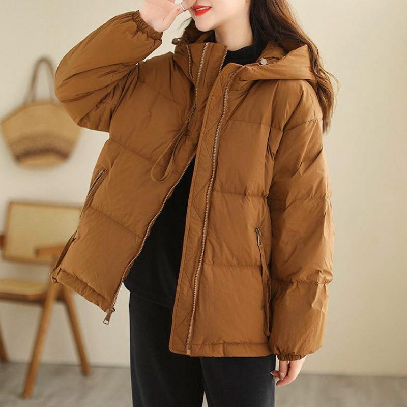 4つのジッパーダウンジャケットレディース2025冬新作フード付きカジュアルワークウェアスタイル高品質レトロホワイトダックダウンジャケットトレンド