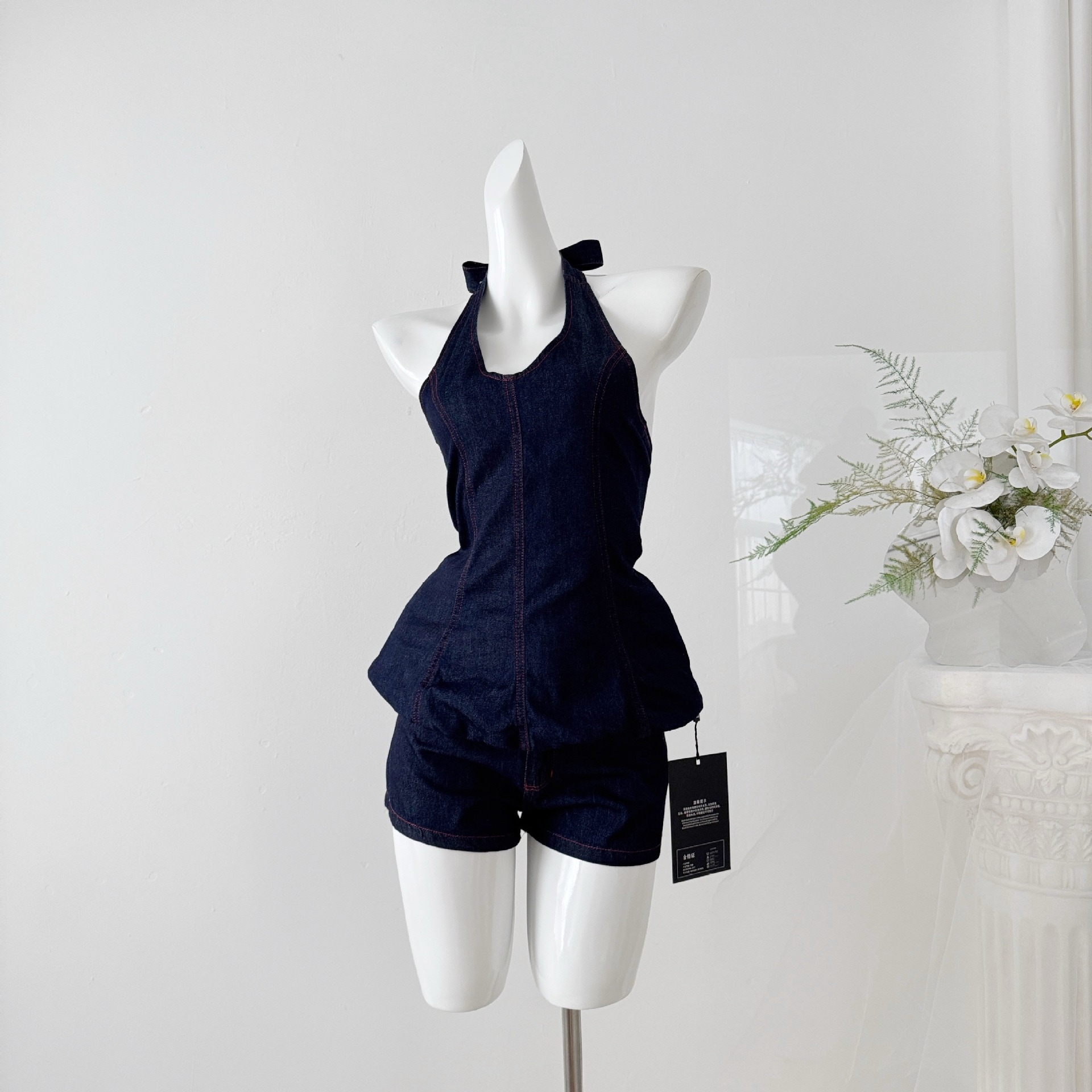 レディース 欧阳 的天 chao蕨腰臀比!si服荷叶摆ハルターネックデニムトップスセットアップ