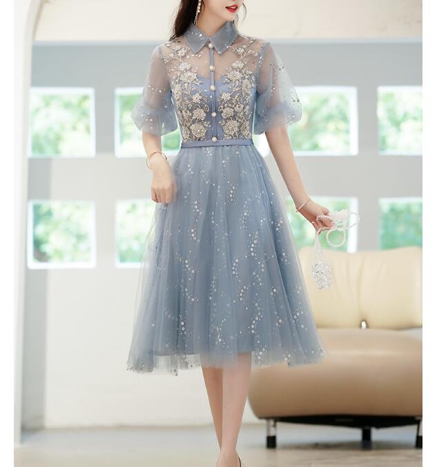 パーティードレス　半袖　膝丈　ワンピース　結婚式　発表会　着瘦せ　披露宴　大きいサイズ　ステージ