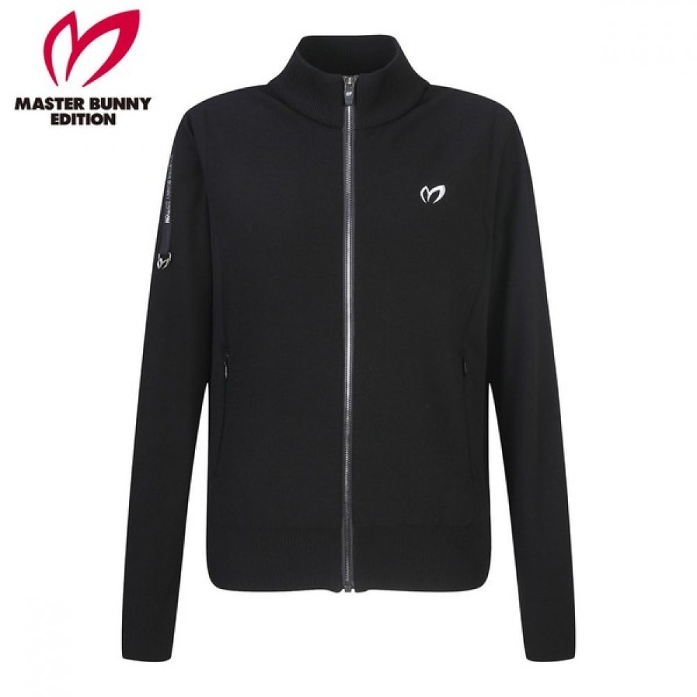 [マスターバニー] レディースロゴラインバックウーブンジップアップカーディガン