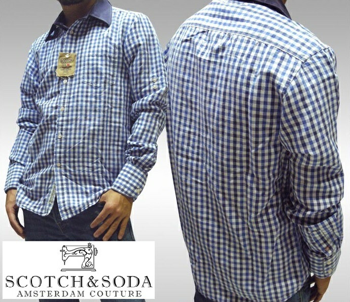 スコッチ&ソーダ スコッチアンドソーダ scotch&soda メンズ 長袖 シャツ チェック ホワイト ブルー ネイビー ダブルボタン ロールアップ トップス カジュアル サーフ セレブ ストリート