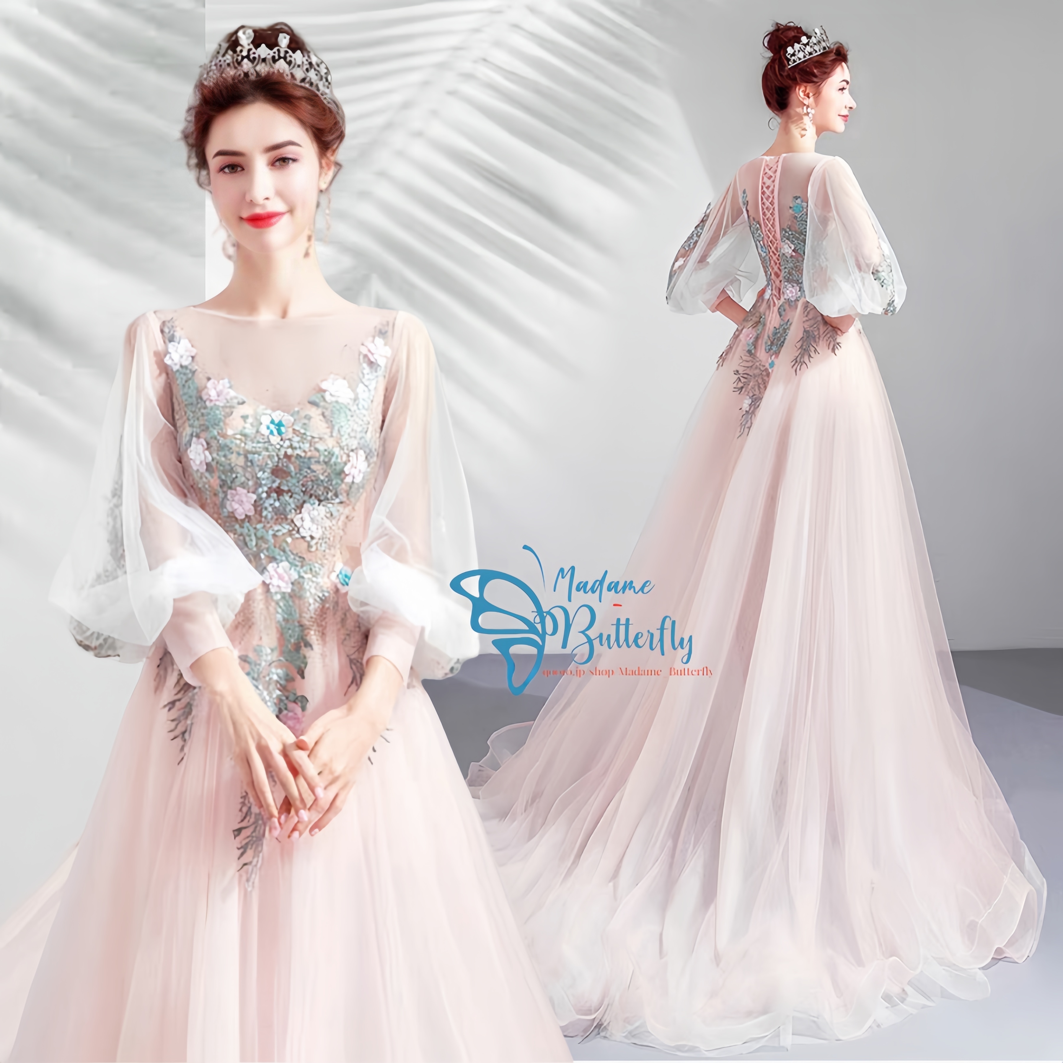 ウェディングドレス ピンク パーティードレス ちょうちん袖 パーティードレス トレーンライン 花嫁ロングドレス 簡約 結婚式 二次会 エレガント レース お呼ばれ 挙式