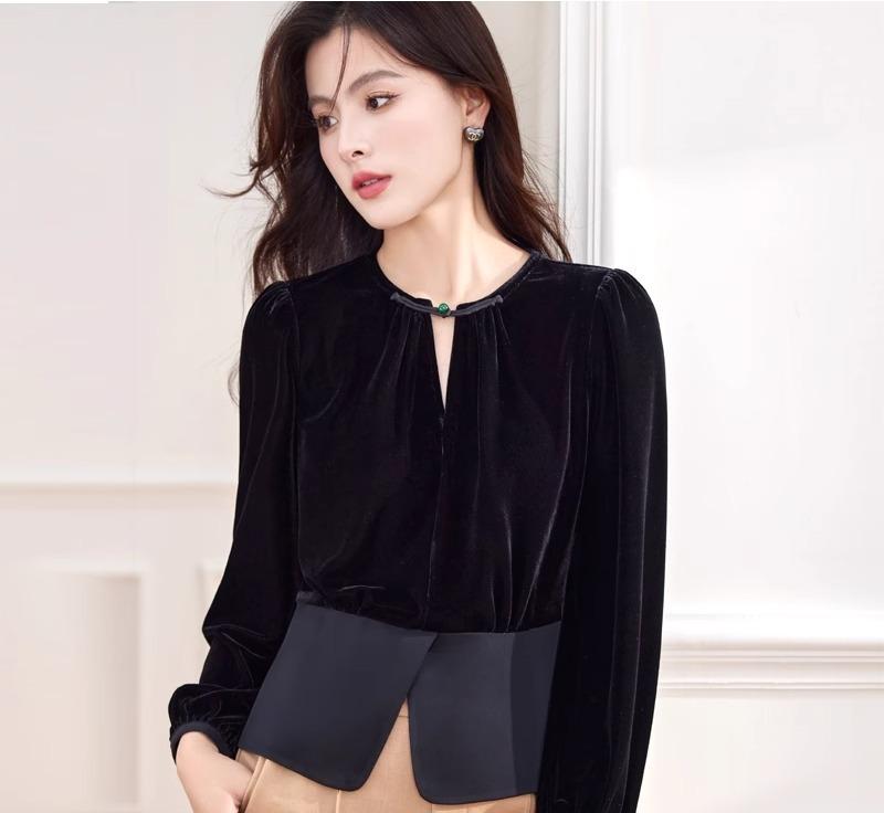 シフォンシャツ ブラウス レディース 秋 フェミニン 女性 カジュアル ベルベット シンプル ショート 長袖 プルオーバー ラウンドネック 通勤 オフィス 軽量 柔らかいトップス スリムフィット