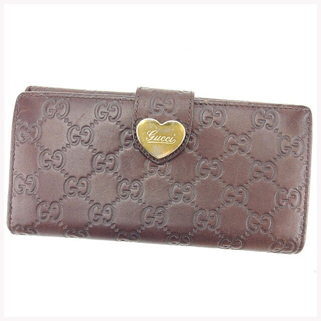 長財布 財布 Wホック財布 グッチシマ ハートプレート ブラウン ゴールド 中古