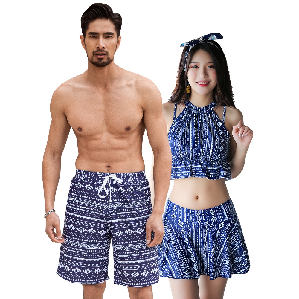 水着 カップル水着 レディース メンズ ペア水着 体型カバー ビーチパンツ お揃い 海 プール ペアルック 夫婦 恋人 彼氏 彼女 トランクス ビキニ 大きいサイズ ネイビー エスニック 2019年新