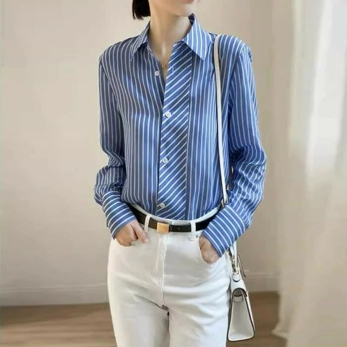 ブラウス 青 大人 シャツ 大きいサイズ 上品 オフィス 50代 おしゃれ 体型カバー 20代 ス レディース フェミニン 可愛い ブルー かっこいい 40代 ストライプ 30代 カジュアル 長袖 エ