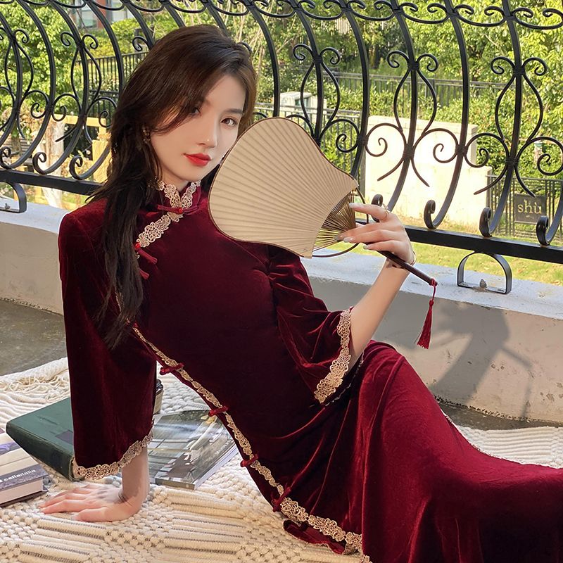細部にまでこだわった美しく精巧なチャイナドレス! 長いチャイナドレス秋レトロ修正ベルベット 母の日 母の日-0008798