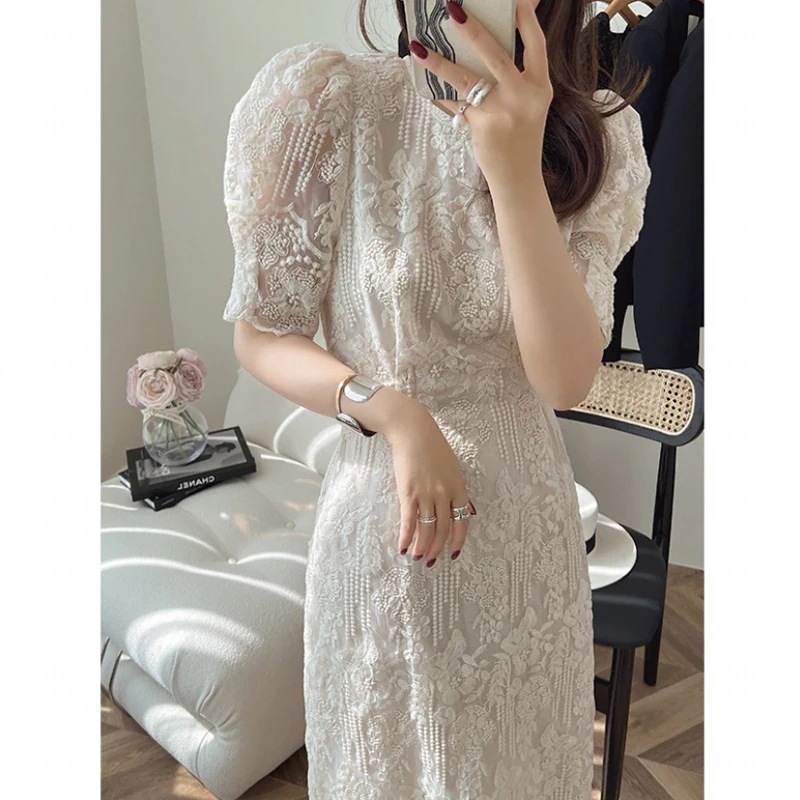 女性用フレンチスタイル刺繍レースドレス23パフスリーブデザインウエストミドル丈スカート