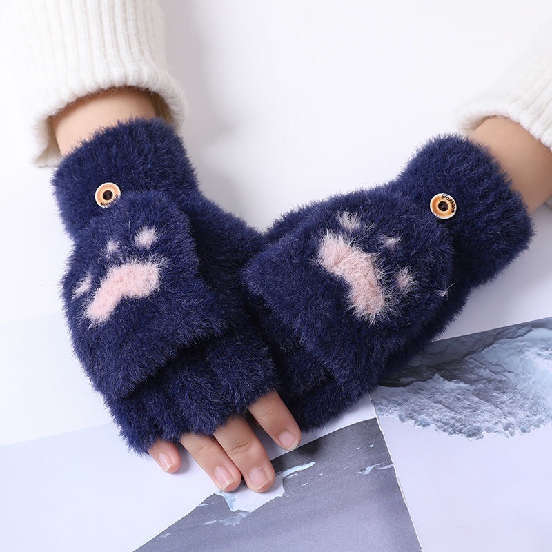 秋冬手袋レディースフリップトップ指なし漫画猫の爪手袋メンズ厚みのある豪華な暖かい書き込みハーフフィンガー手袋