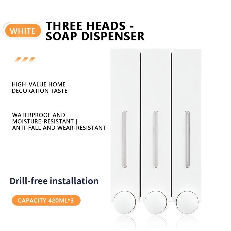 ソープディスペンサー 壁掛け ハンドソープ シングル ダブル 3ヘッド 壁取り付け カビ ホテル用 white three heads