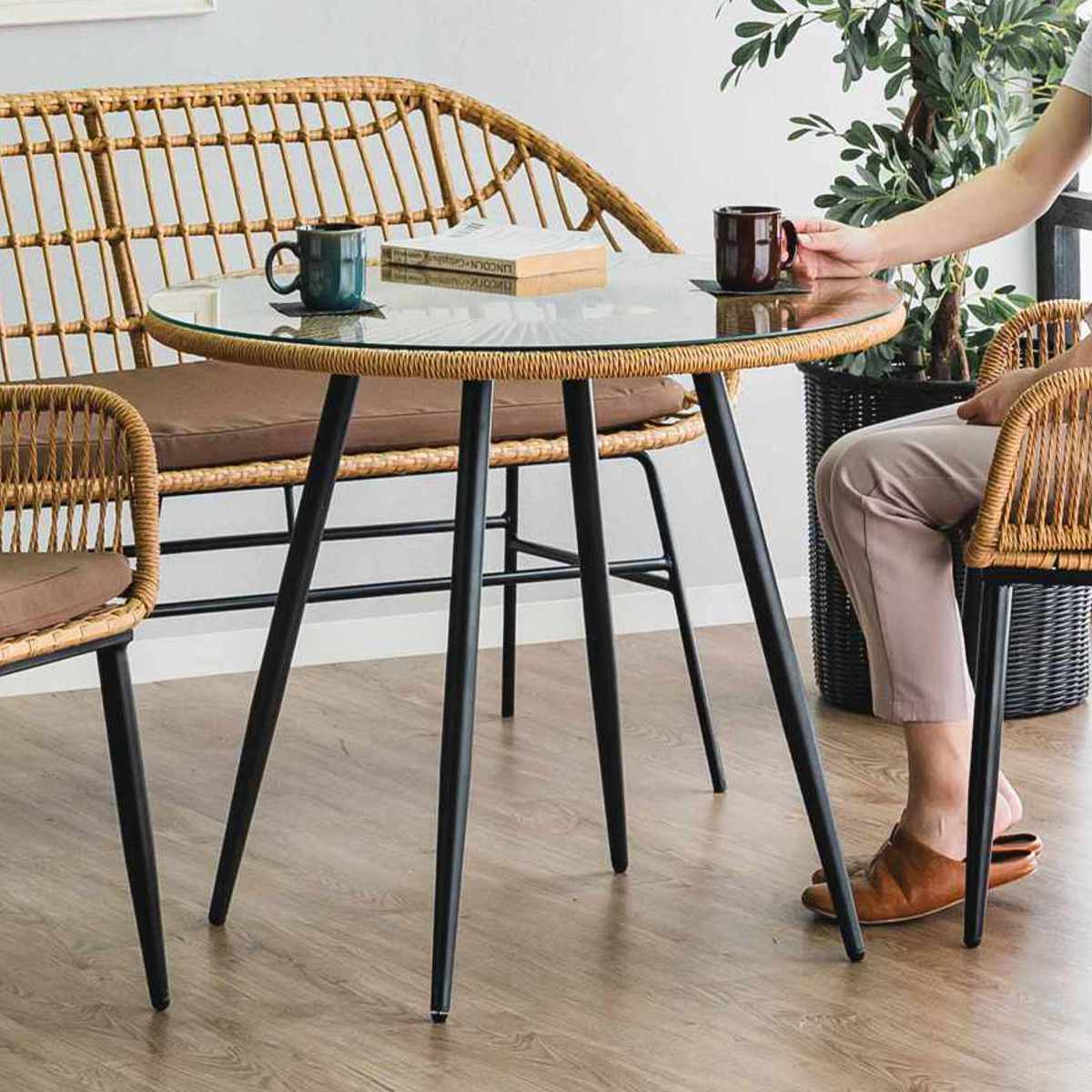 カフェテーブル 直径80cm ラタン調 ガラス マーレ テーブル ダイニングテーブル 籐 ガラステーブル 丸 人工ラタン 机 丸テーブル リゾートテーブル 円形 スチール脚 おしゃれ
