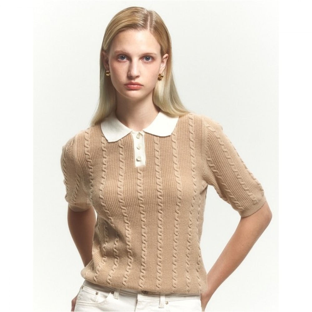 (ヘッジズレディース) 24FW ベビーケーブルカラーカラーカラーショートスリーブセーターベージュ HSSW4CC74I2