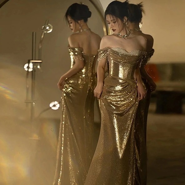 【人気商品超目玉】パーティドレス ゴールド スパンコール ワンピース フィッシュテイルスカートレッグウォーマー 韓国ファッション 卒業式 結婚式 誕生日 演奏会 花嫁 司会
