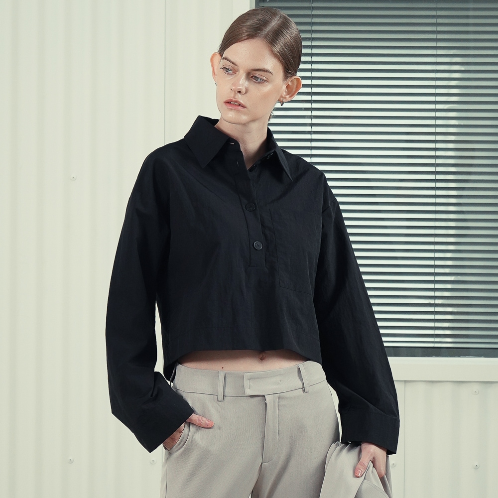 ACUD ワイドスリーブクロップドブラウス_ブラック