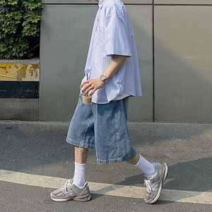 デニム ハーフパンツ メンズ ゆったり 百掛け ストレートパンツ 韓国 カジュアル トレンド ワイドパンツ ジーパン