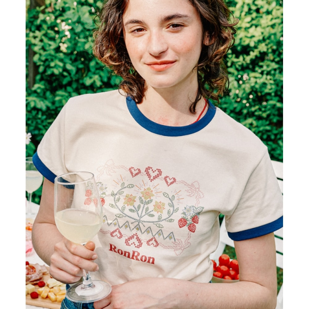 RONRON クロスステッチリンガー T シャツクリームブルー