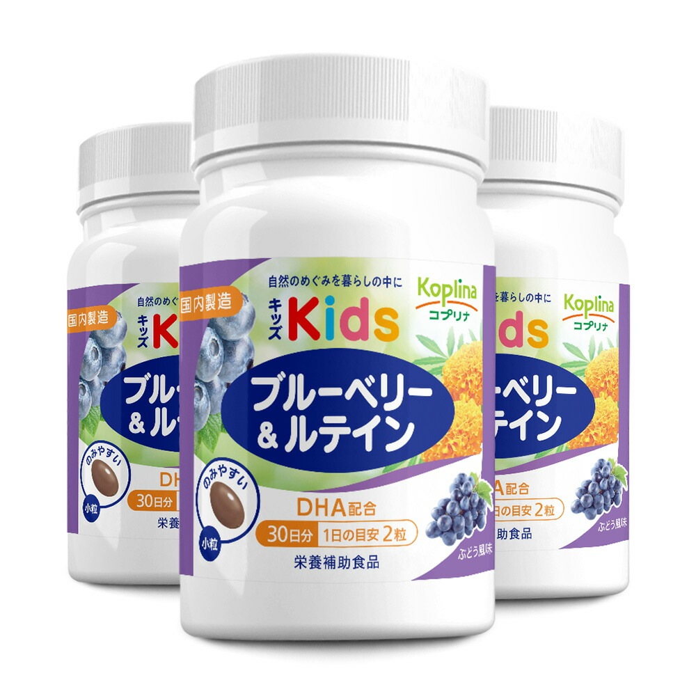 キッズブルーベリー&ルテイン 60粒 3個セット90日分【小粒ソフトカプセル/ぶどう風味/子育て応援/DHA配合/見る力/子供/健康/サプリ/サプリメント/栄養補助食品/安心国内製造/コプリナ