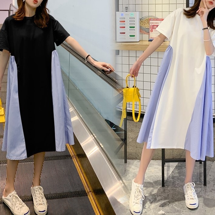 ワンピース バイカラー 半袖 フレア ストライプ Aライン マタニティ妊婦 夏 洋服 ヒットカラー