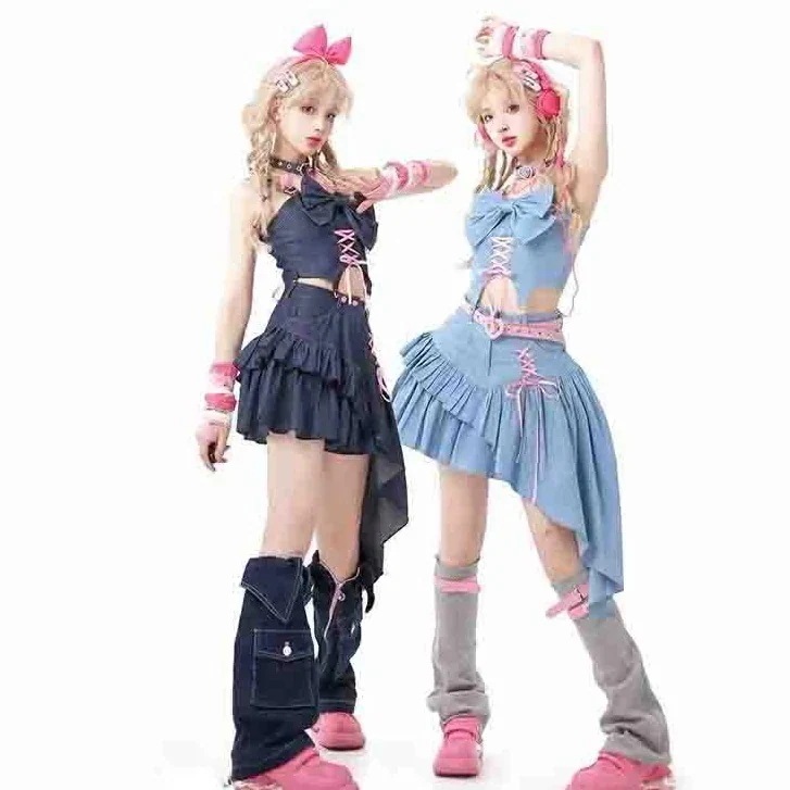 INS話題セットアップ レディース デニム スカート ミニ アシンメトリー 不規則 かわいい キャミソール トップス 韓国ファッション 夏 上下セット コスチューム コスプレ