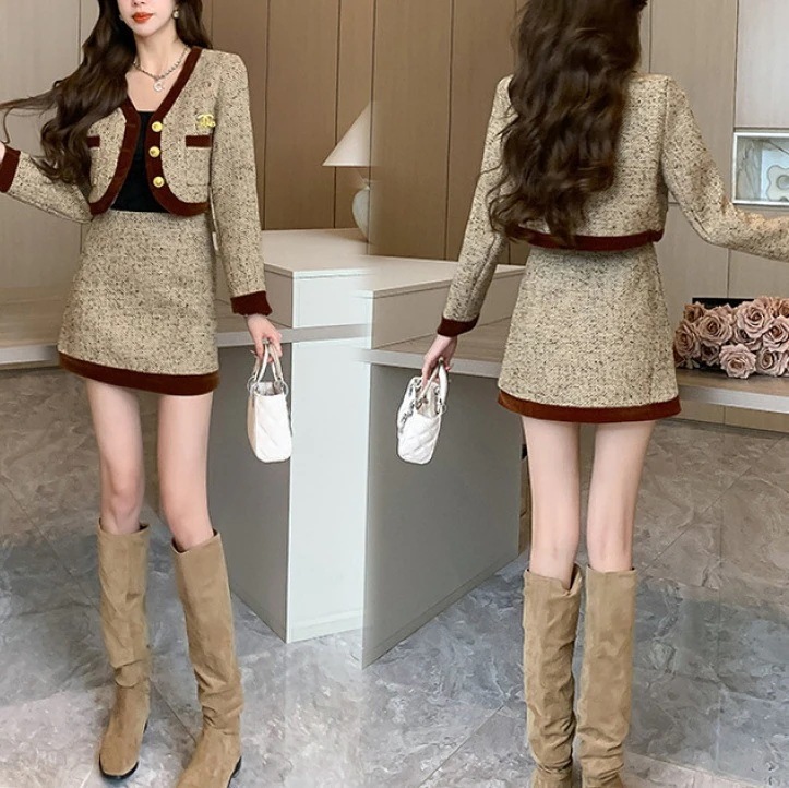 ハイエンドのカスタマイズ-女神スタイルスーツ 2025 秋冬新スタイルレディコントラストカラー小さな香りスタイルジャケットハイウエストスカート