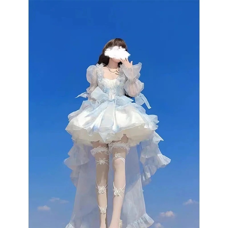 女性用ブルードレスショールドレススーツゴージャスでエレガントなテール付きプリンセスドレス