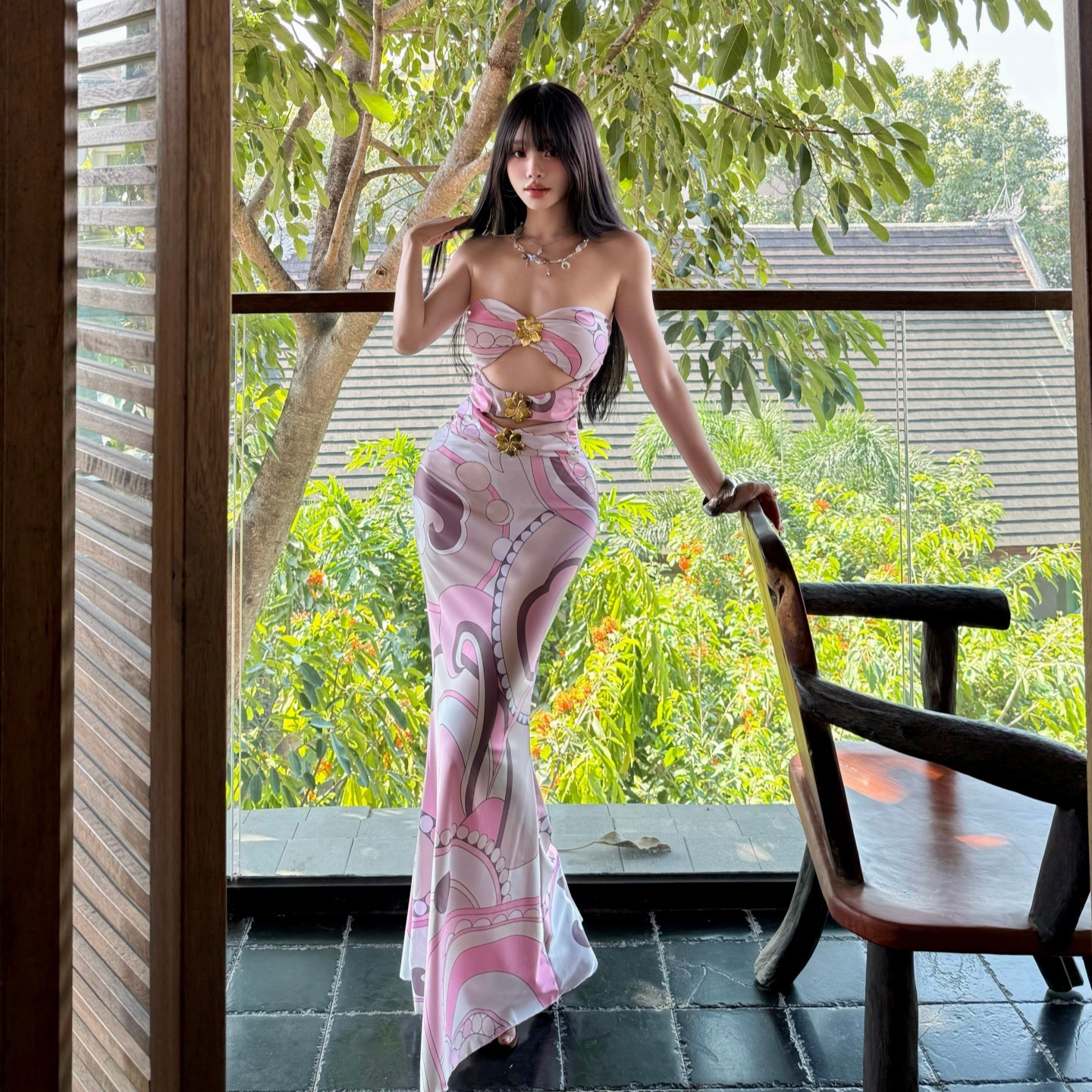 替换2026 個性的 ワンピース チューブトップ 水着 ロングスカート プリント セクシー 女性 リゾート 写真映え7911636