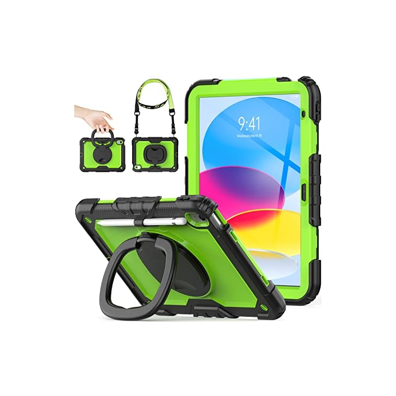 SEYMAC stock iPadケース 第10世代 リングハンドル耐衝撃ケース 10.9インチ専用 ペン収納 ショルダーストラップ フィルム付きフレーム（グリーン+ブラック）