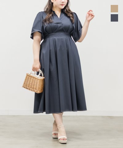 大きいサイズ レディース LL 3L 4L XL XXL XXXL フレア袖スキッパーシャツワンピース